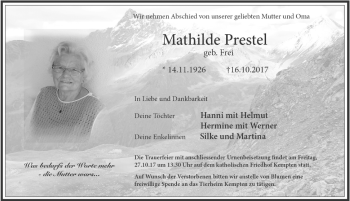Traueranzeige von Mathilde Prestel von Allgäuer Zeitung,Kempten