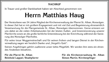 Traueranzeige von Matthias Haug von Allgäuer Zeitung, Kaufbeuren/Buchloe