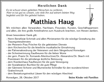 Traueranzeige von Matthias Haug von Allgäuer Zeitung, Kaufbeuren/Buchloe