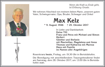 Traueranzeige von Max Kelz von Allgäuer Zeitung, Marktoberdorf