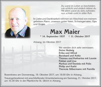Traueranzeige von Max Maier von Allgäuer Zeitung, Marktoberdorf