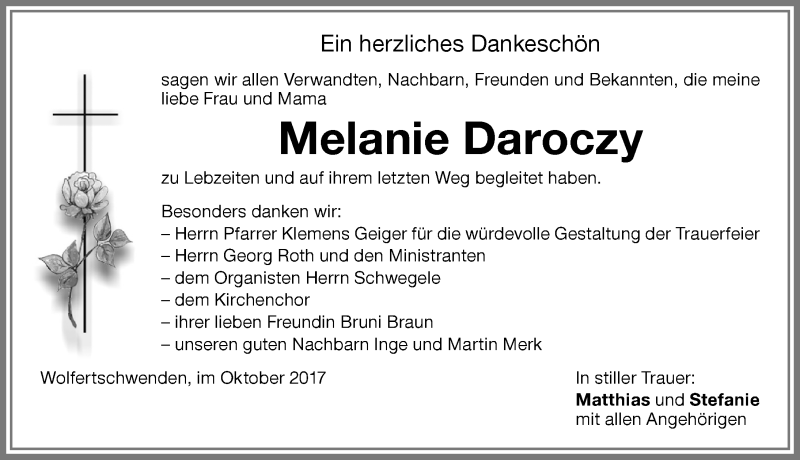  Traueranzeige für Melanie Daroczy vom 21.10.2017 aus Memminger Zeitung