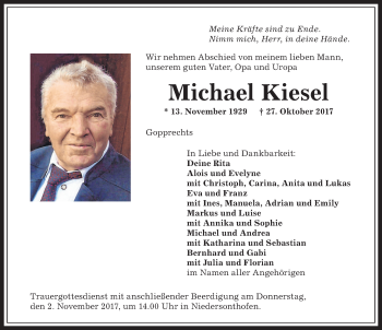 Traueranzeige von Michael Kiesel von Allgäuer Zeitung