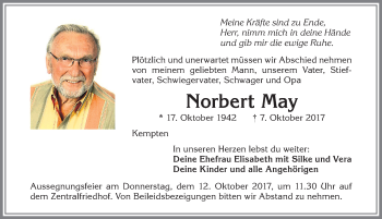 Traueranzeige von Norbert May von Allgäuer Zeitung,Kempten