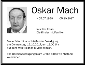 Traueranzeige von Oskar Mach von Memminger Zeitung