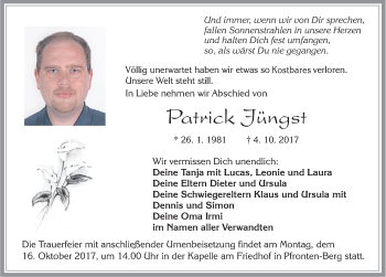 Traueranzeige von Patrick Jüngst von Allgäuer Zeitung, Füssen