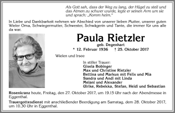 Traueranzeige von Paula Rietzler von Allgäuer Zeitung, Kaufbeuren/Buchloe