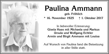 Traueranzeige von Paulina Ammann von Allgäuer Zeitung, Kaufbeuren/Buchloe