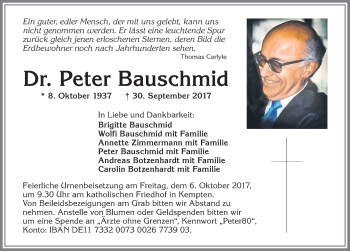 Traueranzeige von Peter Bauschmid von Allgäuer Zeitung,Kempten