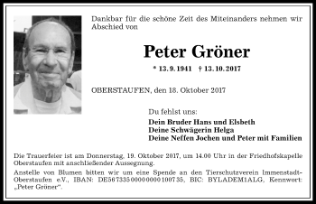 Traueranzeige von Peter Gröner von Allgäuer Anzeigeblatt