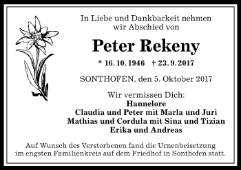 Traueranzeige von Peter Rekeny von Allgäuer Anzeigeblatt