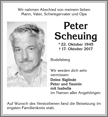 Traueranzeige von Peter Scheuing von Allgäuer Zeitung,Kempten
