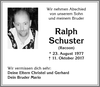 Traueranzeige von Ralph Schuster von Allgäuer Zeitung,Kempten