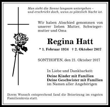 Traueranzeige von Regina Hatt von Allgäuer Anzeigeblatt