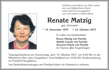 Traueranzeige von Renate Matzig von Allgäuer Zeitung, Kaufbeuren/Buchloe