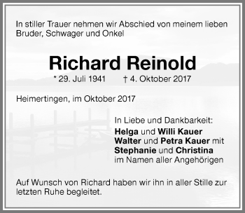Traueranzeige von Richard Reinold von Memminger Zeitung