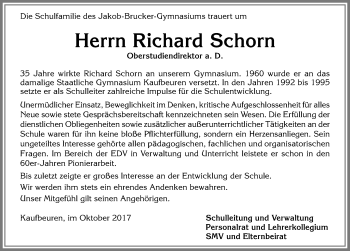 Traueranzeige von Richard Schorn von Allgäuer Zeitung, Kaufbeuren/Buchloe