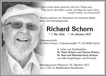 Traueranzeige von Richard Schorn von Allgäuer Zeitung, Kaufbeuren/Buchloe