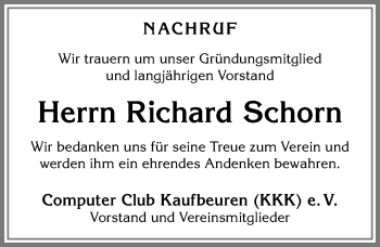 Traueranzeige von Richard Schorn von Allgäuer Zeitung, Kaufbeuren/Buchloe