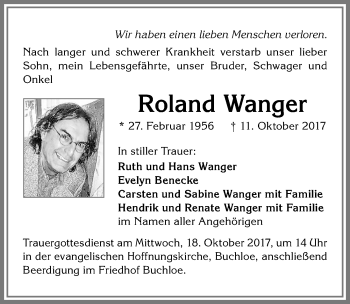 Traueranzeige von Roland Wanger von Allgäuer Zeitung, Kaufbeuren/Buchloe