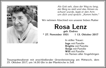 Traueranzeige von Rosa Lenz von Allgäuer Zeitung,Kempten