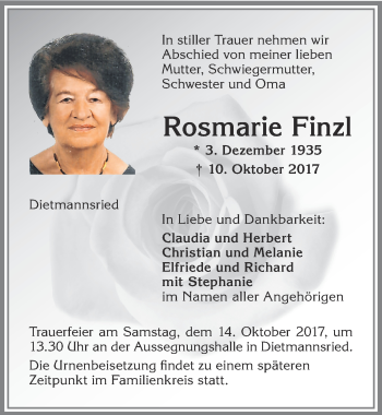 Traueranzeige von Rosmarie Finzl von Allgäuer Zeitung,Kempten