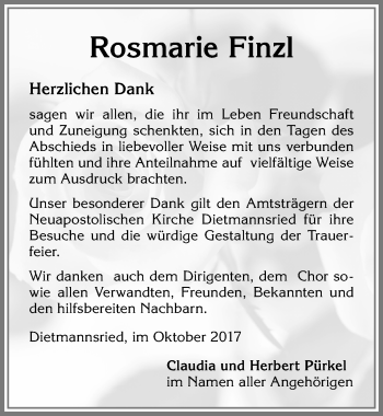 Traueranzeige von Rosmarie Finzl von Allgäuer Zeitung,Kempten