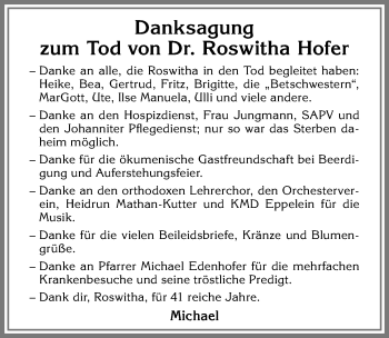 Traueranzeige von Roswitha Hofer von Allgäuer Zeitung,Kempten