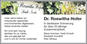 Traueranzeige von Roswitha Hofer von Allgäuer Zeitung,Kempten
