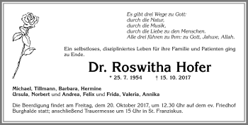 Traueranzeige von Roswitha Hofer von Allgäuer Zeitung,Kempten