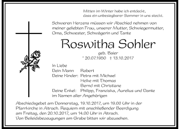 Traueranzeige von Roswitha Sohler von Memminger Zeitung