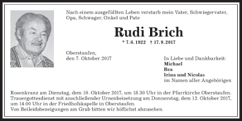 Traueranzeige von Rudi Brich von Allgäuer Anzeigeblatt