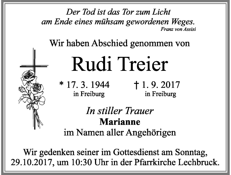  Traueranzeige für Rudi Treier vom 25.10.2017 aus Allgäuer Zeitung, Füssen