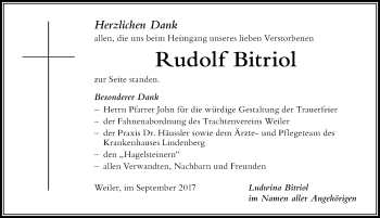 Traueranzeige von Rudolf Bitriol von Der Westallgäuer