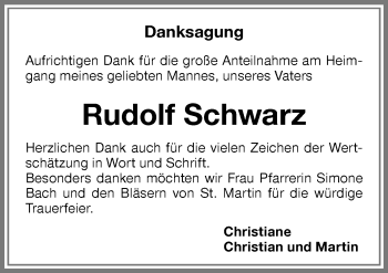 Traueranzeige von Rudolf Schwarz von Memminger Zeitung