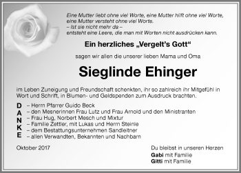 Traueranzeige von Sieglinde Ehinger von Memminger Zeitung