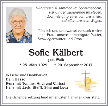 Traueranzeige von Sofie Kälbert von Allgäuer Zeitung, Kaufbeuren/Buchloe