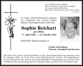 Traueranzeige von Sophie Reichart von Allgäuer Anzeigeblatt