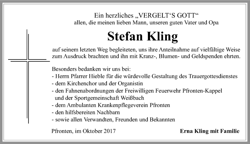  Traueranzeige für Stefan Kling vom 11.10.2017 aus Allgäuer Zeitung, Füssen