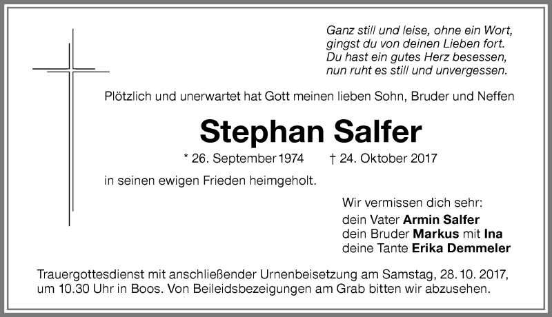  Traueranzeige für Stephan Salfer vom 27.10.2017 aus Memminger Zeitung