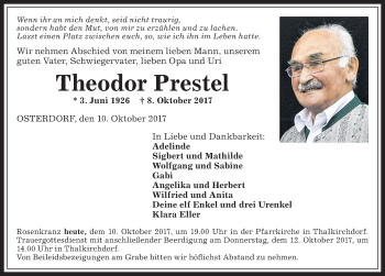 Traueranzeige von Theodor Prestel von Allgäuer Anzeigeblatt