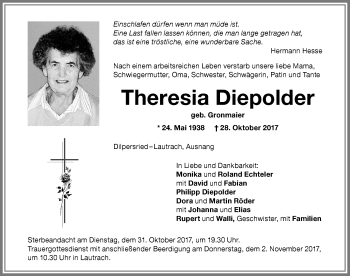 Traueranzeige von Theresia Diepolder von Memminger Zeitung