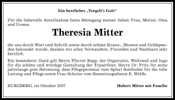 Traueranzeige von Theresia Mitter von Allgäuer Anzeigeblatt