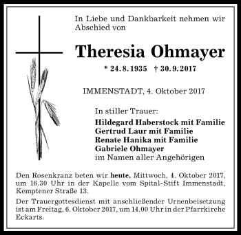 Traueranzeige von Theresia Ohmayer von Allgäuer Anzeigeblatt
