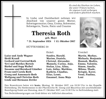 Traueranzeige von Theresia Roth von Allgäuer Anzeigeblatt