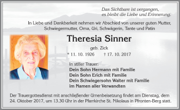 Traueranzeige von Theresia Sinner von Allgäuer Zeitung, Füssen