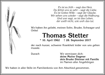 Traueranzeige von Thomas Stetter von Allgäuer Zeitung,Kempten