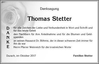 Traueranzeige von Thomas Stetter von Allgäuer Zeitung,Kempten