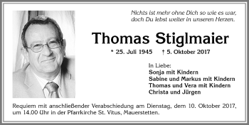 Traueranzeige von Thomas Stiglmaier von Allgäuer Zeitung, Kaufbeuren/Buchloe