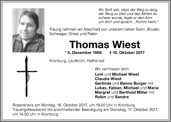 Traueranzeige von Thomas Wiest von Memminger Zeitung